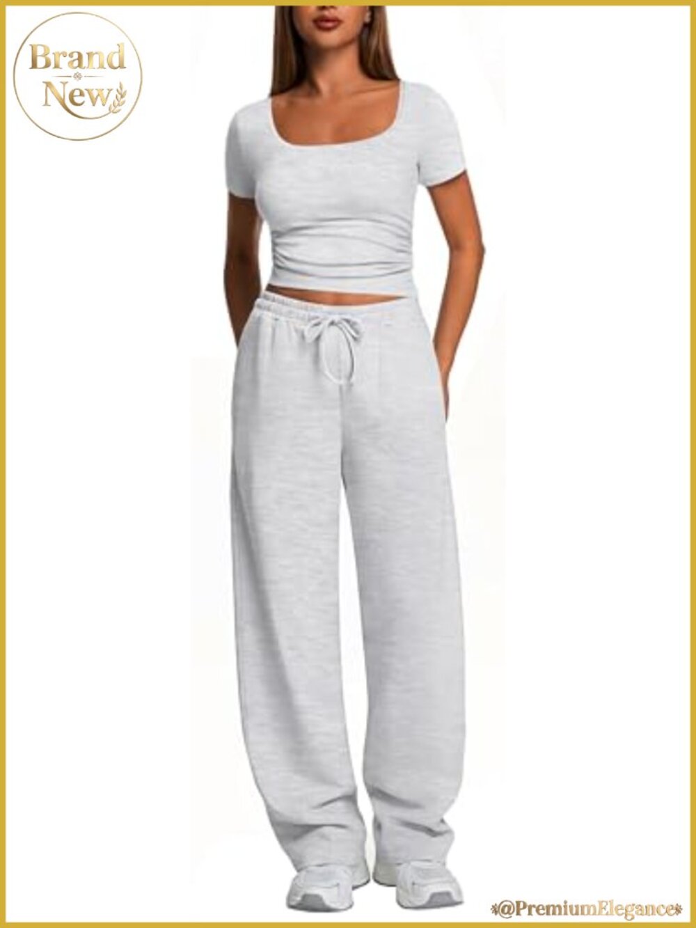 Kivdol 2 Piece Sweatsuit Set Wide Leg Pants Side Ruching Crop Top Pockets